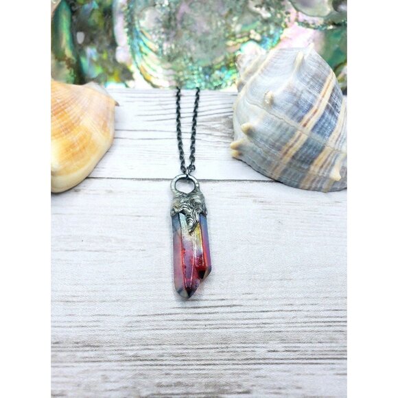 Red aura quartz crystal necklace handmade gothic fantasy metalwork jewelry - Picture 8 of 11